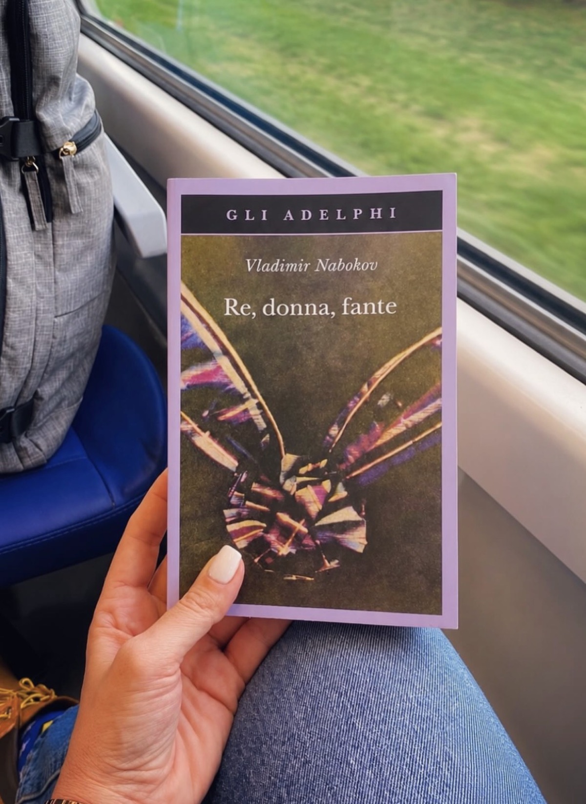 Il romanzo Re, donna, fante di Nabokov tenuto in mano su un treno